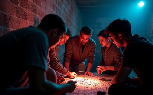 Un gruppo di amici risolve un enigma in una suggestiva escape room.
