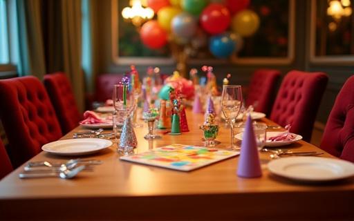 Tavolo imbandito per una festa di compleanno con giochi e decorazioni.