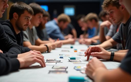 Tavolo di gioco durante un torneo di carte collezionabili Magic: The Gathering.